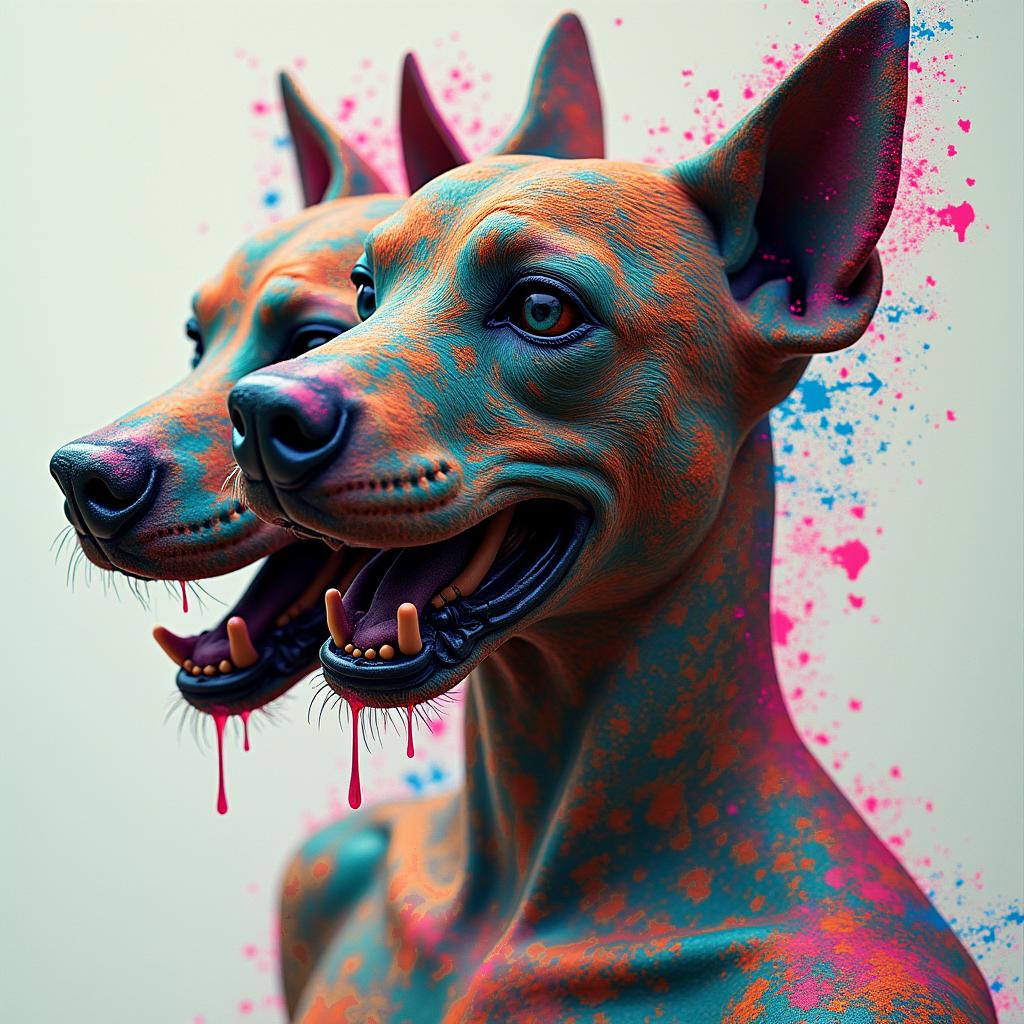 3 headed death dog 
polka trashin distorted and fragmented tattoo design, featuring a classical statue bust, in a glitch art style with vibrant, overlapping colors of cyan, magenta, and yellow, creating a digital distortion effect - Variation 7