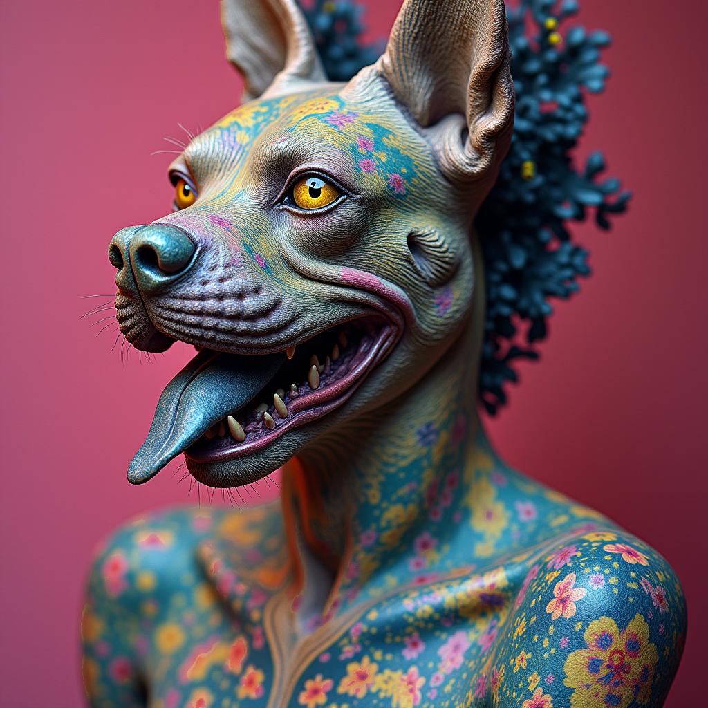 3 headed death dog 
polka trashin distorted and fragmented tattoo design, featuring a classical statue bust, in a glitch art style with vibrant, overlapping colors of cyan, magenta, and yellow, creating a digital distortion effect - Variation 6