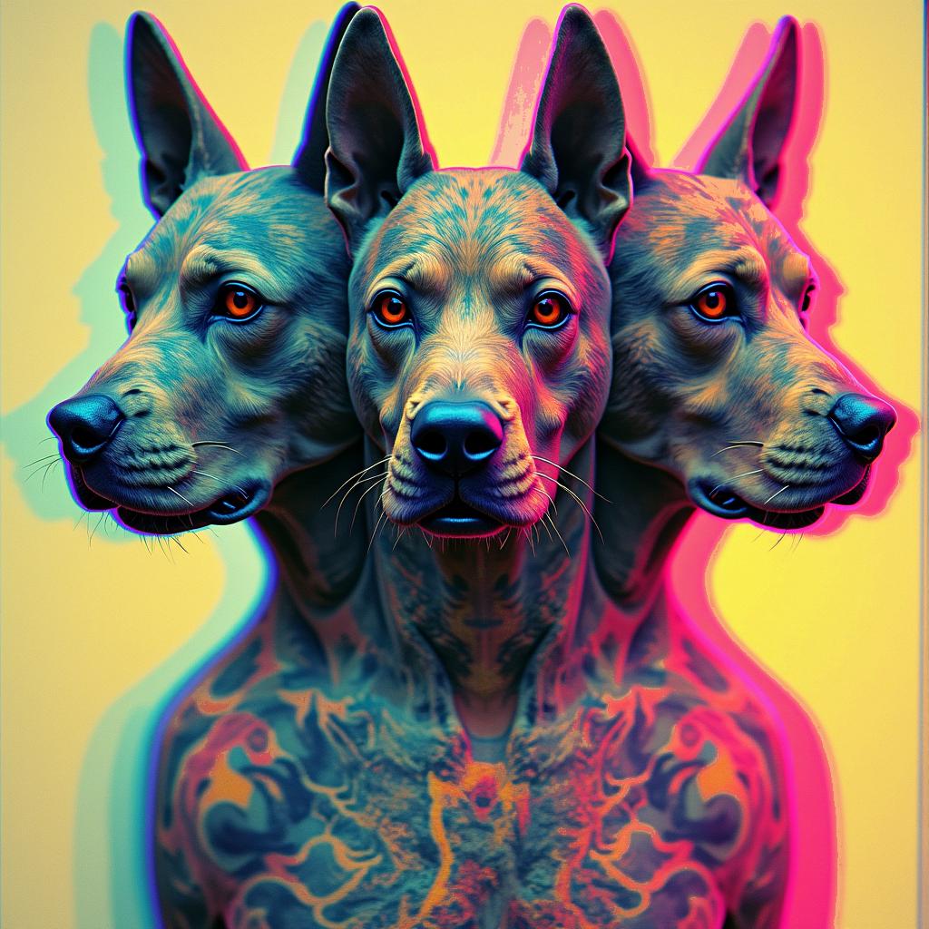 3 headed death dog 
polka trashin distorted and fragmented tattoo design, featuring a classical statue bust, in a glitch art style with vibrant, overlapping colors of cyan, magenta, and yellow, creating a digital distortion effect - Variation 5
