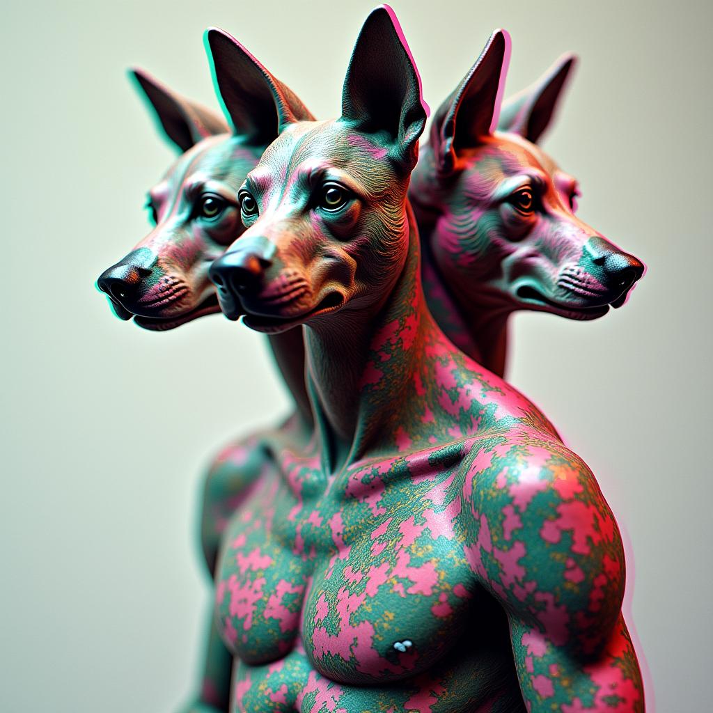 3 headed death dog 
polka trashin distorted and fragmented tattoo design, featuring a classical statue bust, in a glitch art style with vibrant, overlapping colors of cyan, magenta, and yellow, creating a digital distortion effect - Variation 4