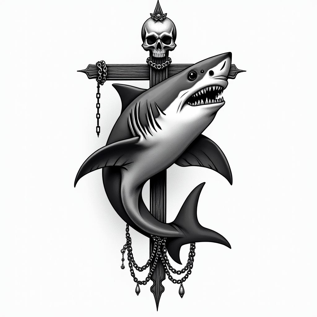 Simple sharkin chicano style tattoo, featuring intricate black and grey shading, bold elements of traditional chicano culture symbols, add a big cross with skull, chains and roses - Variation 3