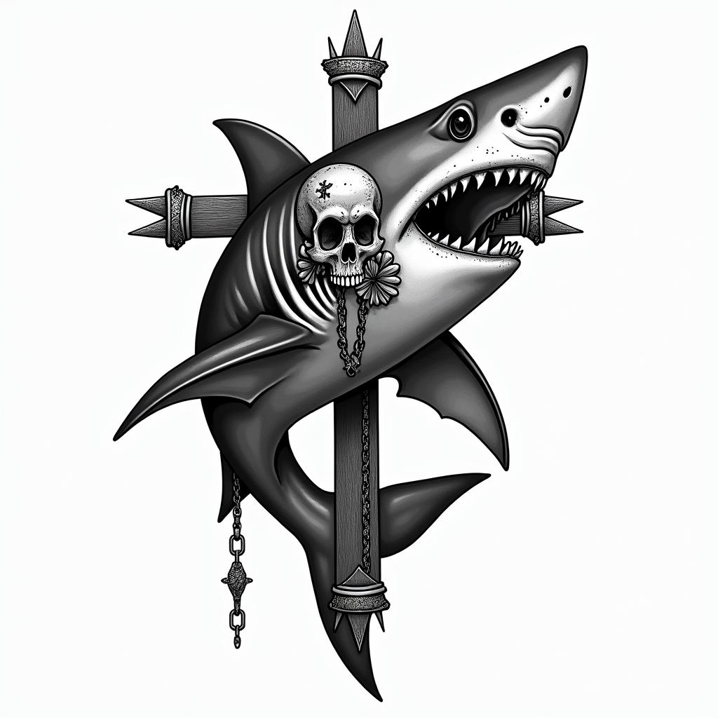 Simple sharkin chicano style tattoo, featuring intricate black and grey shading, bold elements of traditional chicano culture symbols, add a big cross with skull, chains and roses - Variation 2