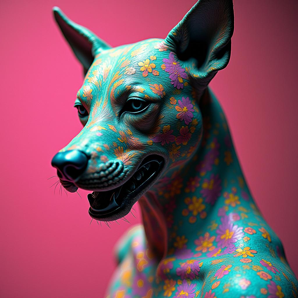 3 headed death dog 
polka trashin distorted and fragmented tattoo design, featuring a classical statue bust, in a glitch art style with vibrant, overlapping colors of cyan, magenta, and yellow, creating a digital distortion effect