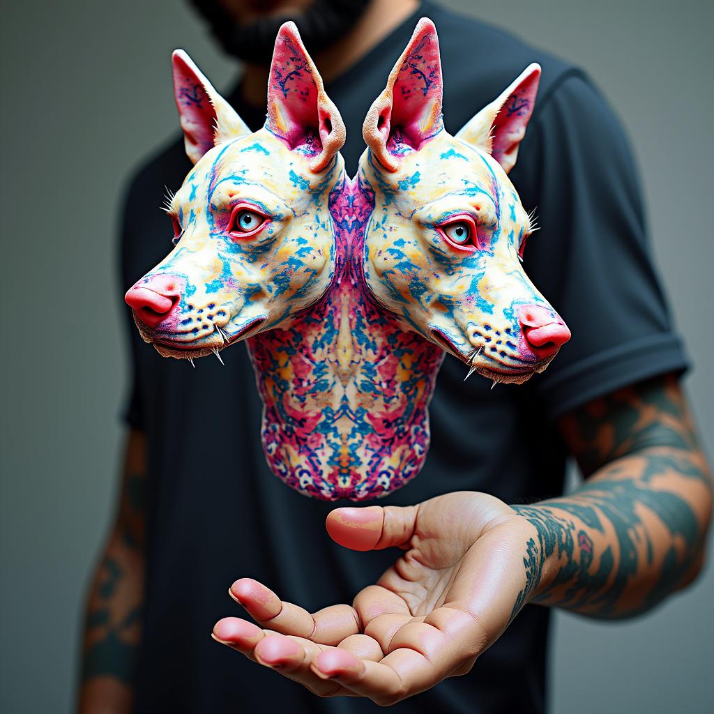 3 headed death dog 
polka trashin distorted and fragmented tattoo design, featuring a classical statue bust, in a glitch art style with vibrant, overlapping colors of cyan, magenta, and yellow, creating a digital distortion effect - Variation 2