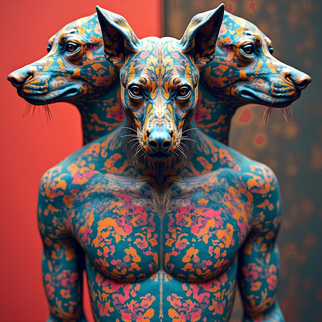 3 headed death dog 
polka trashin distorted and fragmented tattoo design, featuring a classical statue bust, in a glitch art style with vibrant, overlapping colors of cyan, magenta, and yellow, creating a digital distortion effect - Variation 3