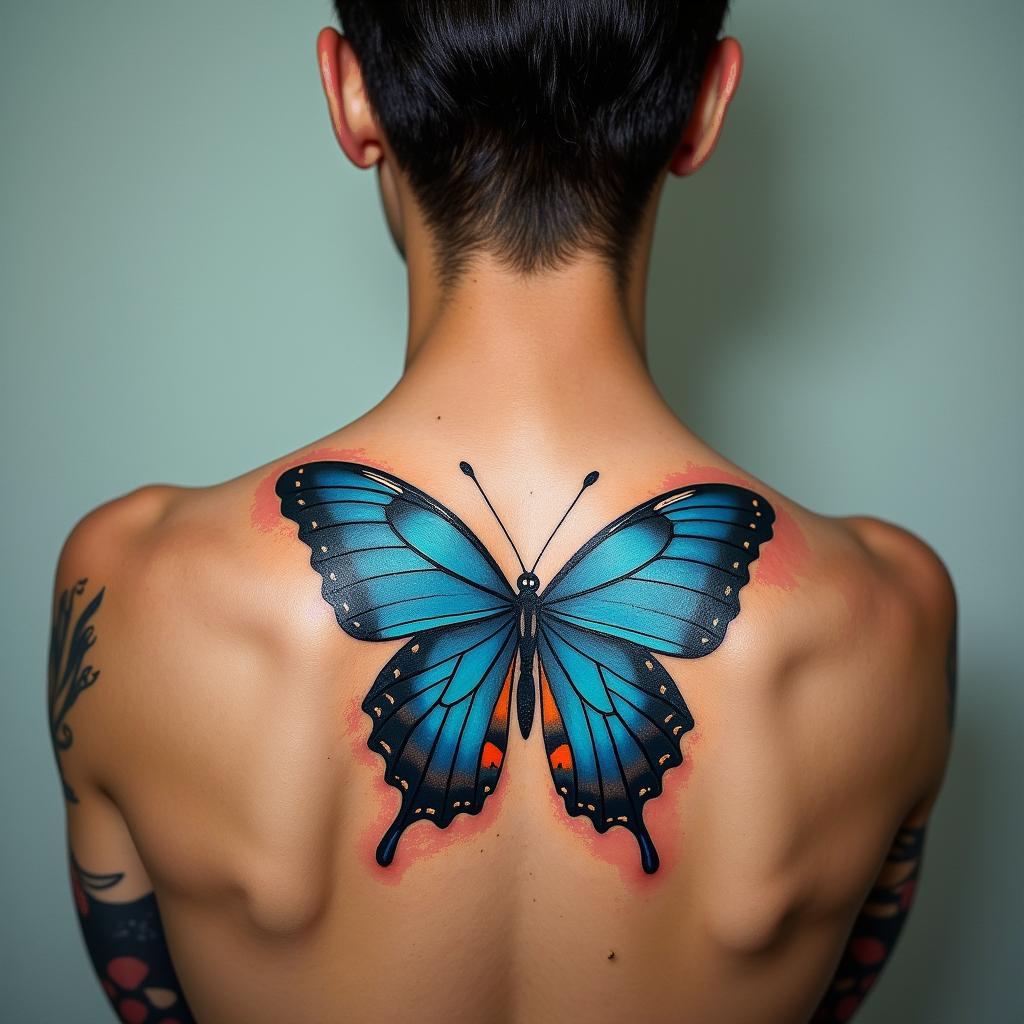blue butterflyin pop art style tattoo, featuring bold and vibrant colors, exaggerated outlines, iconic imagery, inspired by comic books and speech bubbles, comic book characters, retro pop culture - Variation 4