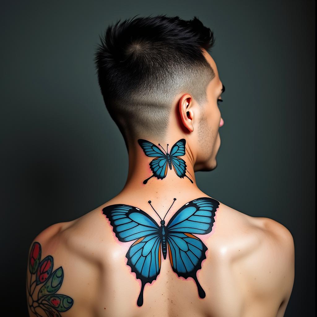 blue butterflyin pop art style tattoo, featuring bold and vibrant colors, exaggerated outlines, iconic imagery, inspired by comic books and speech bubbles, comic book characters, retro pop culture - Variation 1