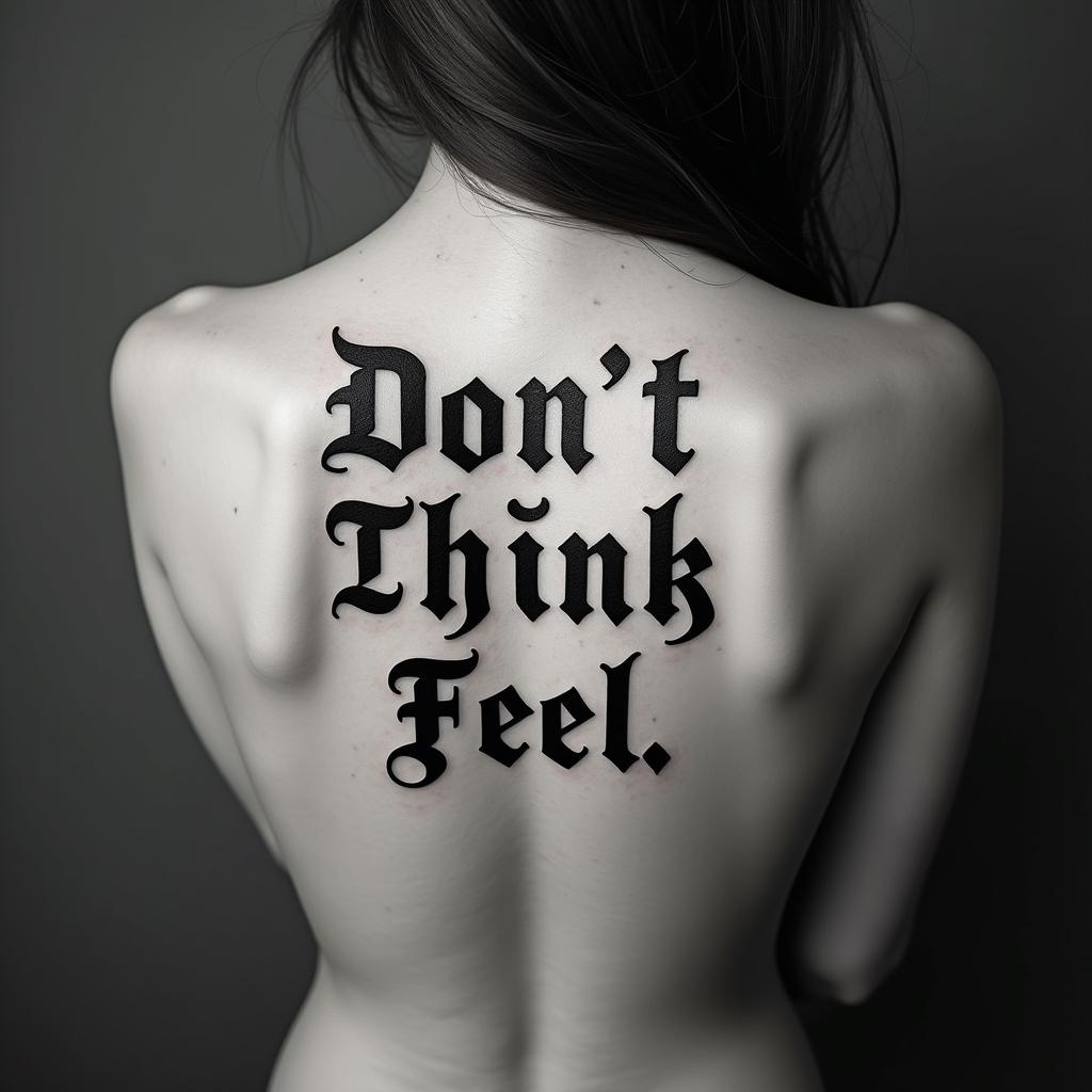 Don,t Think,Feeltext-based tattoo, gothic font ultra-realistic, perfectly placed, high-quality font design, photo-realistic shading, 8k, high quality, finely detailed typography - Variation 6