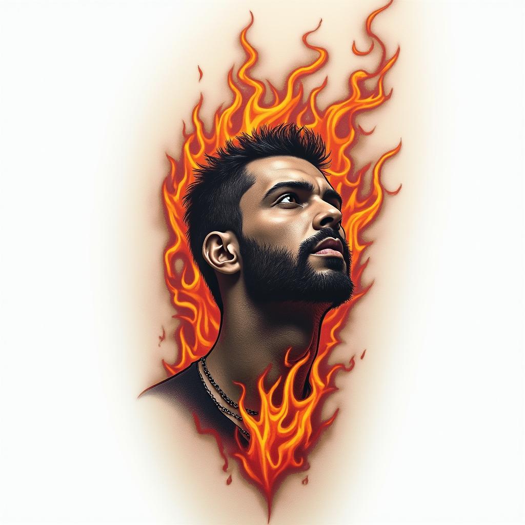 Vitor, 19 years old, Juazeiro do Norte CEin flame tattoo style showcasing fiery elements with dynamic flame patterns, glowing effect of flames, natural colors - Variation 1