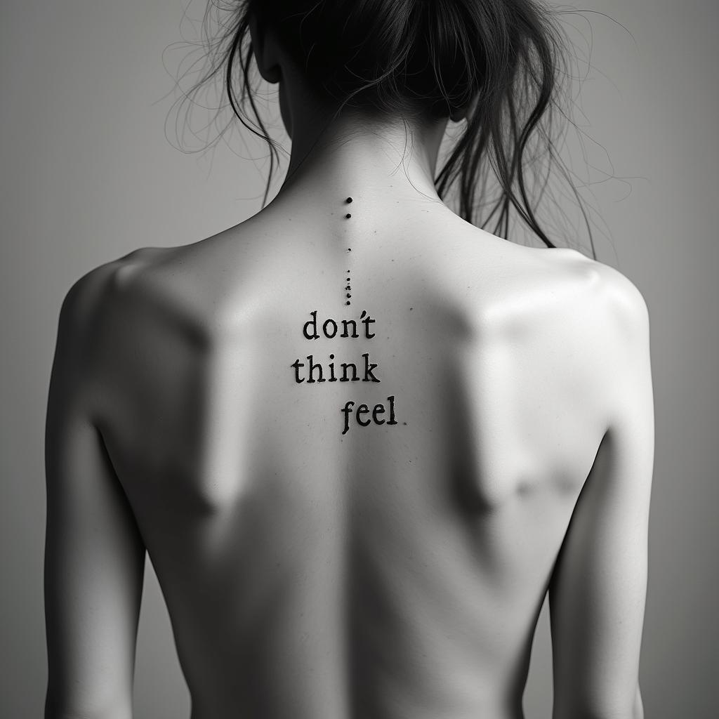Don,t Think,Feelminimalist text-based tattoo, Monospace font ultra-realistic, perfectly placed, high-quality font design, photo-realistic shading, 8k, high quality, finely detailed typograph - Variation 13