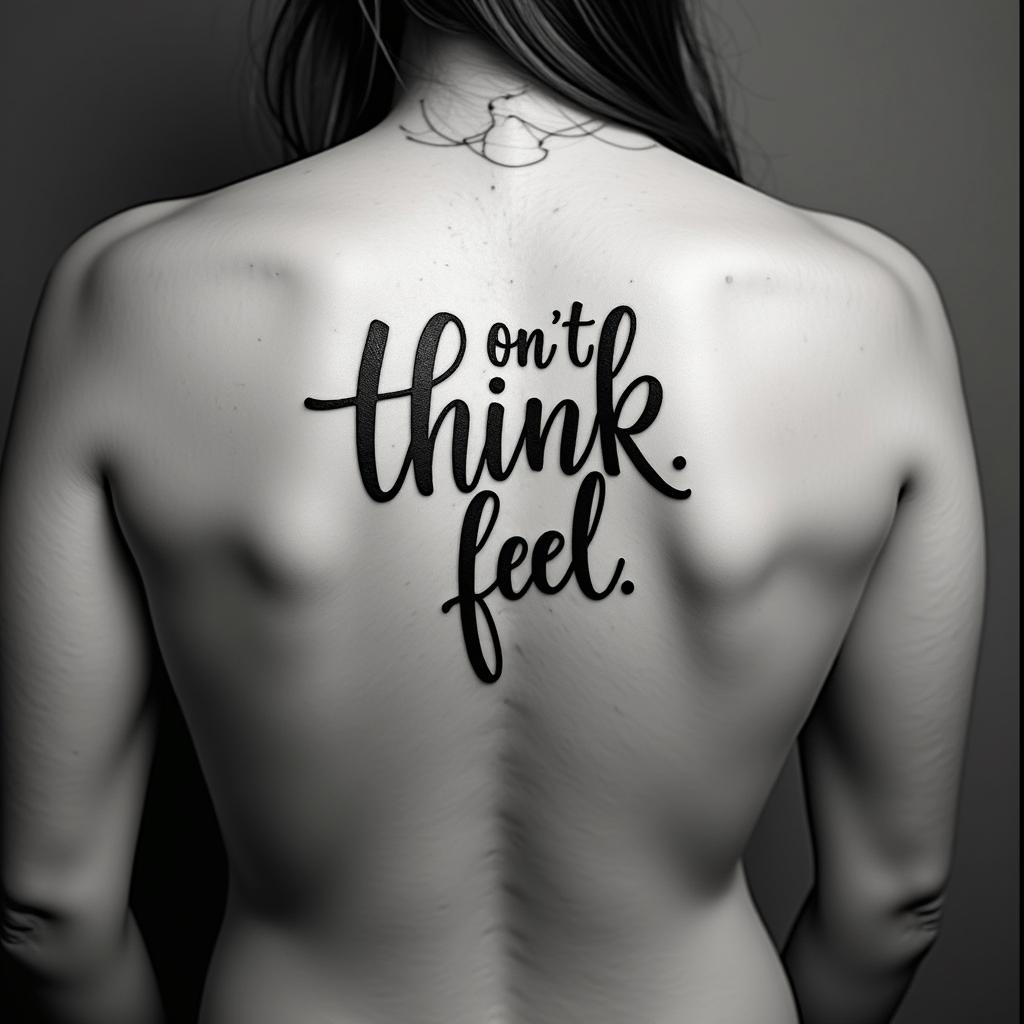 Don,t Think,Feelminimalist text-based tattoo, Monospace font ultra-realistic, perfectly placed, high-quality font design, photo-realistic shading, 8k, high quality, finely detailed typograph - Variation 15