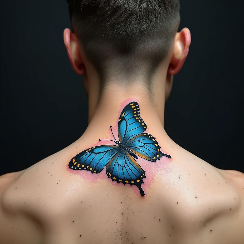 blue butterflyin realism tattoo style, featuring a highly detailed, lifelike, capturing every detail, photorealistic, ultra realistic, intricate shading, smooth and sharp,   - Variation 4