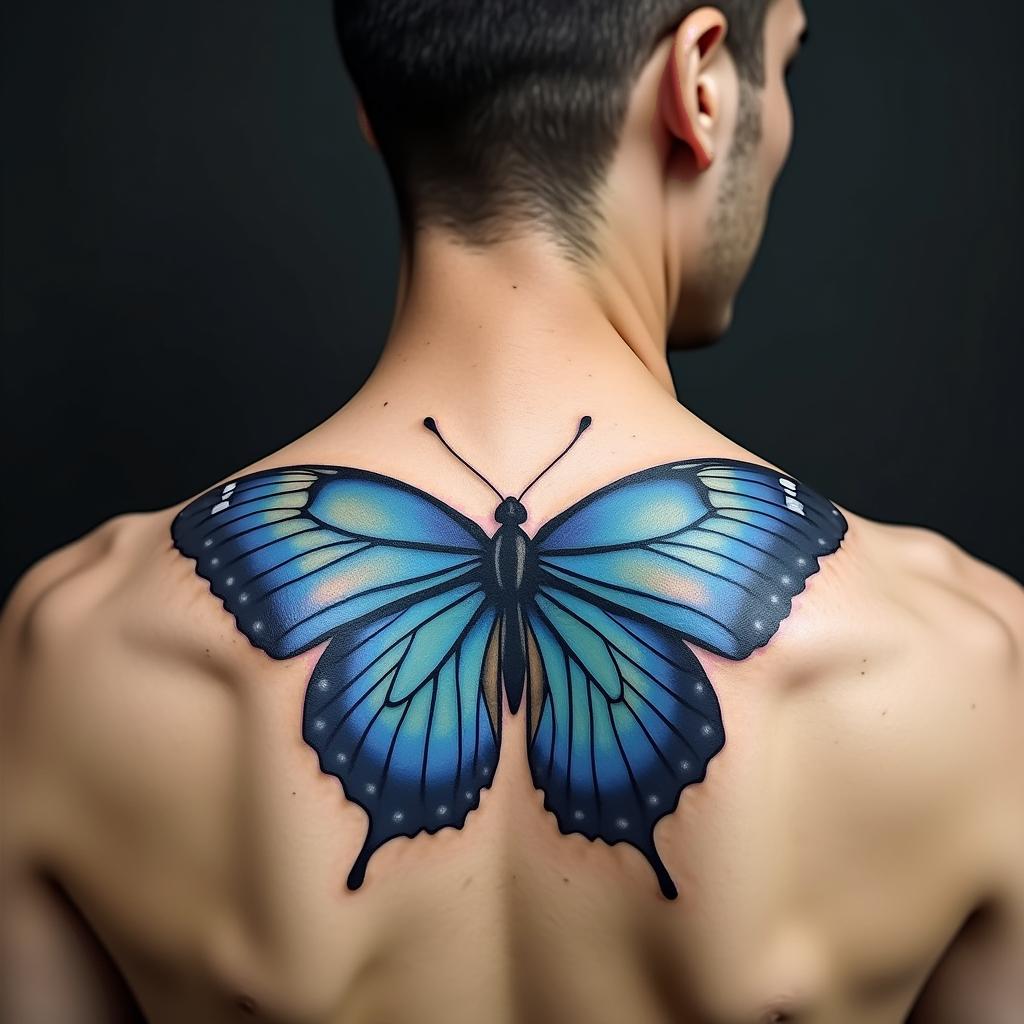 blue butterflyin realism tattoo style, featuring a highly detailed, lifelike, capturing every detail, photorealistic, ultra realistic, intricate shading, smooth and sharp,   - Variation 2