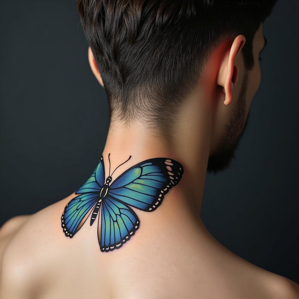 blue butterflyin realism tattoo style, featuring a highly detailed, lifelike, capturing every detail, photorealistic, ultra realistic, intricate shading, smooth and sharp,   - Variation 3