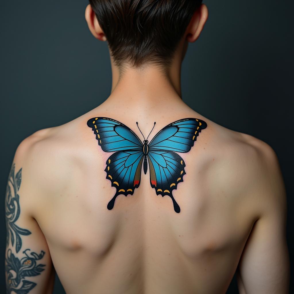 blue butterflyin realism tattoo style, featuring a highly detailed, lifelike, capturing every detail, photorealistic, ultra realistic, intricate shading, smooth and sharp,  