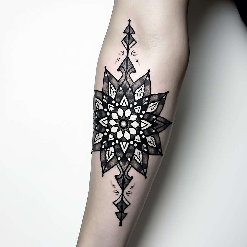 Fineline ornament on the forearm under the elbow, about 7 cm large. in geometric style tattoo, blending hexagons, mandala-inspired patterns, symmetrical and fractal design, clean lines, sharp angles - Variation 3