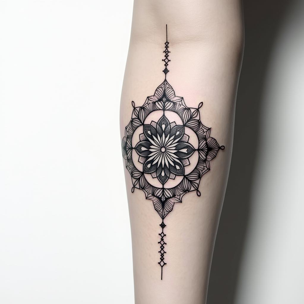 Fineline ornament on the forearm under the elbow, about 7 cm large. in geometric style tattoo, blending hexagons, mandala-inspired patterns, symmetrical and fractal design, clean lines, sharp angles