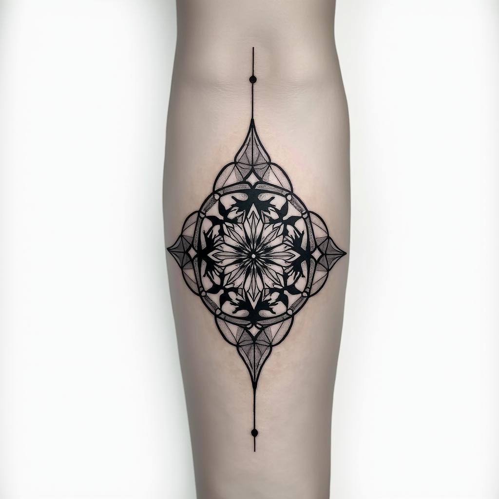 Fineline ornament on the forearm under the elbow, about 7 cm large. in geometric style tattoo, blending hexagons, mandala-inspired patterns, symmetrical and fractal design, clean lines, sharp angles - Variation 2