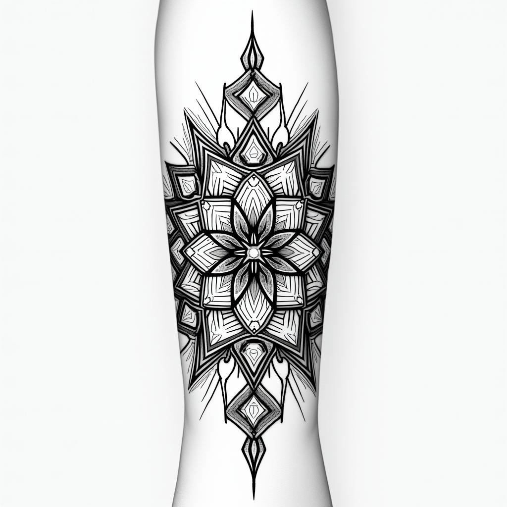 Fineline ornament on the forearm under the elbow, about 7 cm large. in geometric style tattoo, blending hexagons, mandala-inspired patterns, symmetrical and fractal design, clean lines, sharp angles - Variation 4