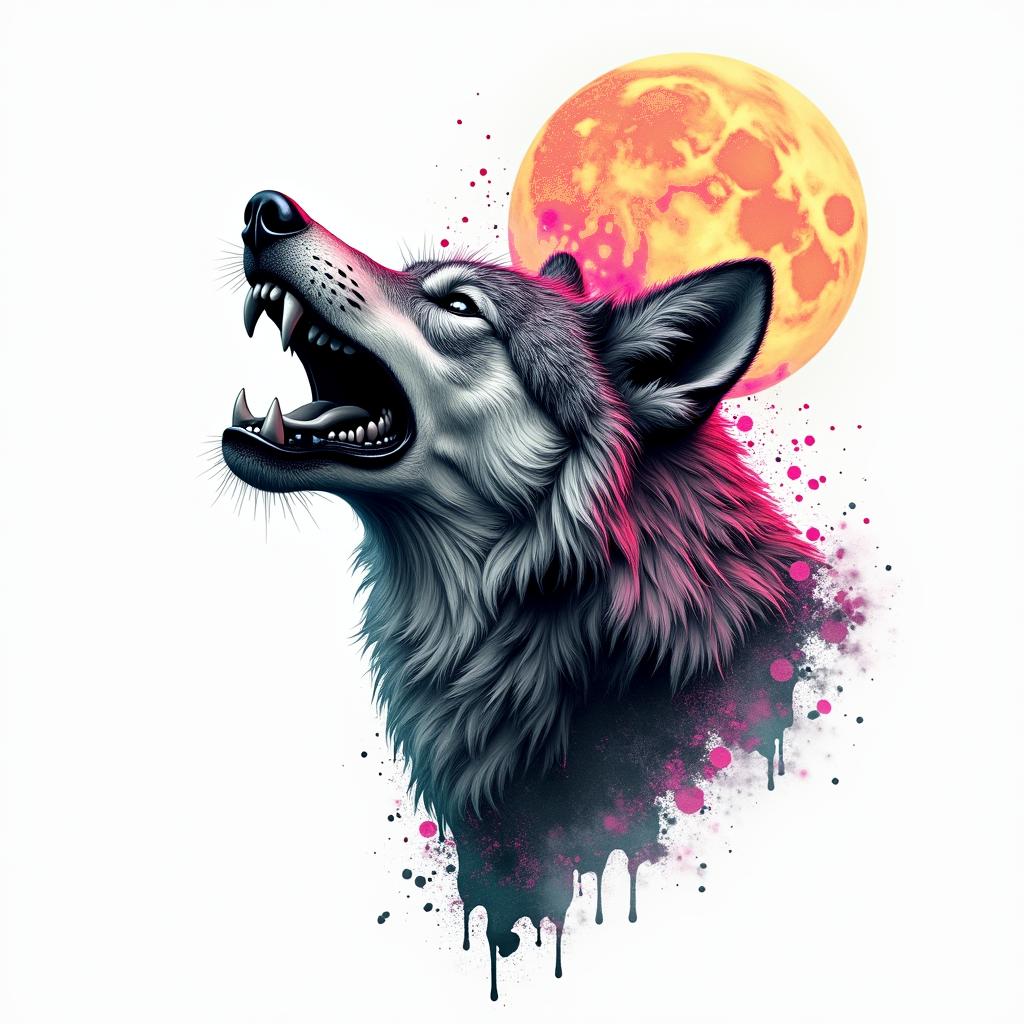 Howling wolf under a full moonin distorted and fragmented tattoo design, featuring a classical statue bust, in a glitch art style with vibrant, overlapping colors of cyan, magenta, and yellow, creating a digital distortion effect - Variation 2