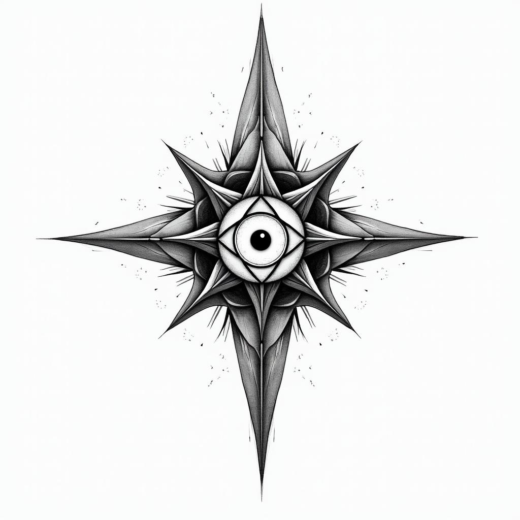 Chaos starin spiritual symbols tattoo style, featuring an intricate design incorporating elements, Hamsa hand, third eye, minimalist composition - Variation 2