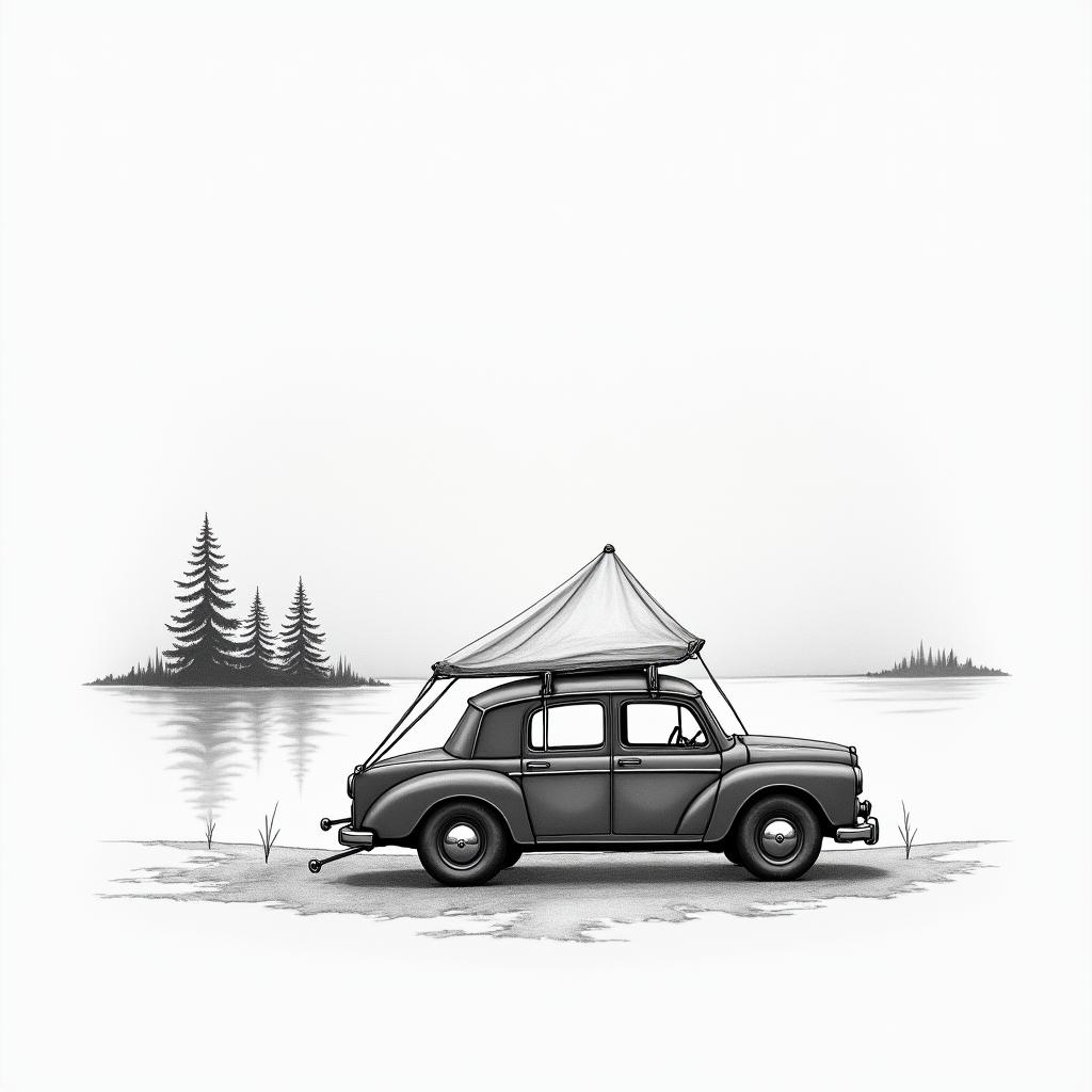 Rooftop tent on car, lake in the background.in minimalist style tattoo, featuring simple shapes and fine lines, with minimal shading and details, tiny triangles, creating a sense of balance and harmony - Variation 3