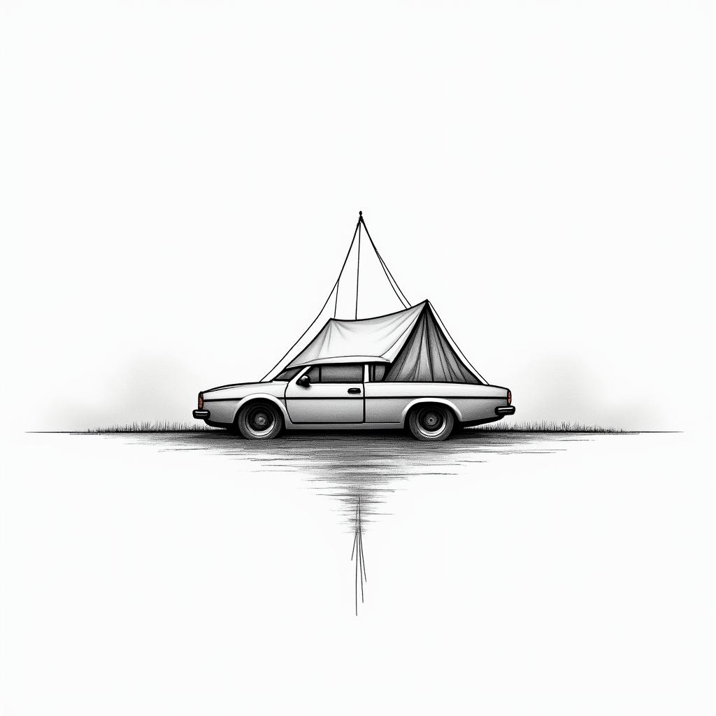 Rooftop tent on car, lake in the background.in minimalist style tattoo, featuring simple shapes and fine lines, with minimal shading and details, tiny triangles, creating a sense of balance and harmony - Variation 2