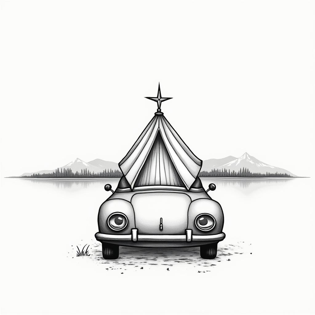 Rooftop tent on car, lake in the background.in minimalist style tattoo, featuring simple shapes and fine lines, with minimal shading and details, tiny triangles, creating a sense of balance and harmony - Variation 4