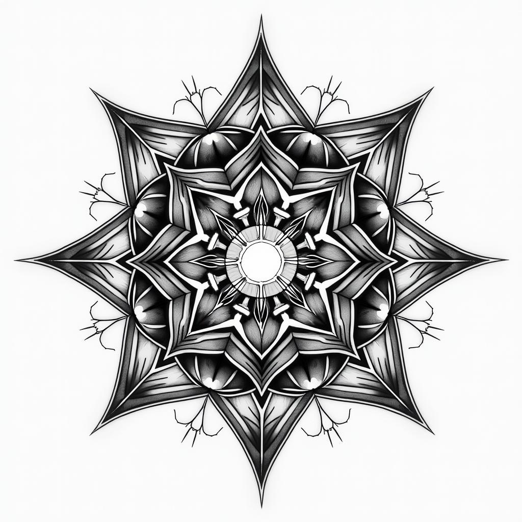 Earth wind air fire space time in geometric style tattoo, blending hexagons, mandala-inspired patterns, symmetrical and fractal design, clean lines, sharp angles - Variation 4