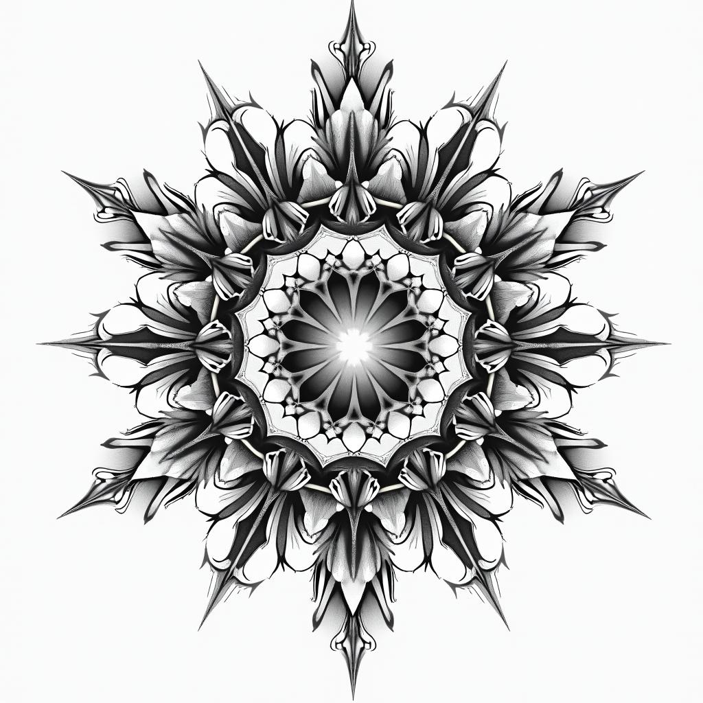 Earth wind air fire space time in geometric style tattoo, blending hexagons, mandala-inspired patterns, symmetrical and fractal design, clean lines, sharp angles - Variation 3