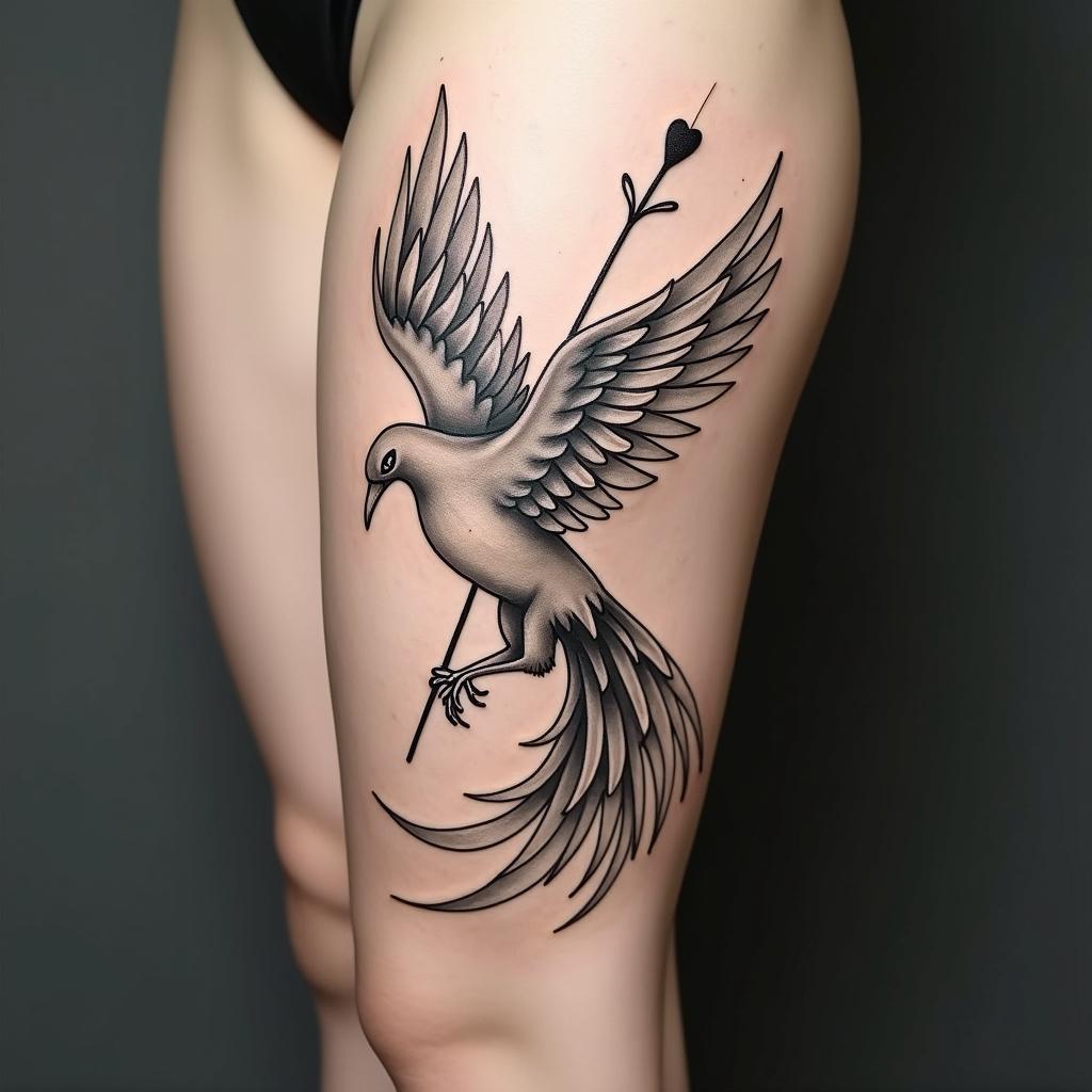 Phoenix sideways with an arrow in its beak and adorned tail.in Modest style tattoo, featuring soft, delicate line work with simple and meaningful symbols, gentle waves, a heart, evoking a sense of serenity and grace, - Variation 3