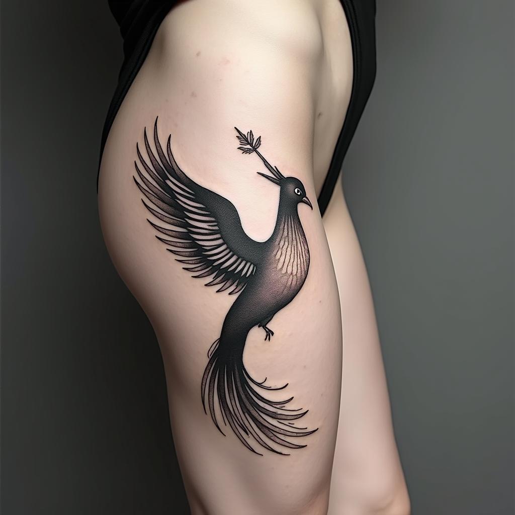 Phoenix sideways with an arrow in its beak and adorned tail.in Modest style tattoo, featuring soft, delicate line work with simple and meaningful symbols, gentle waves, a heart, evoking a sense of serenity and grace,