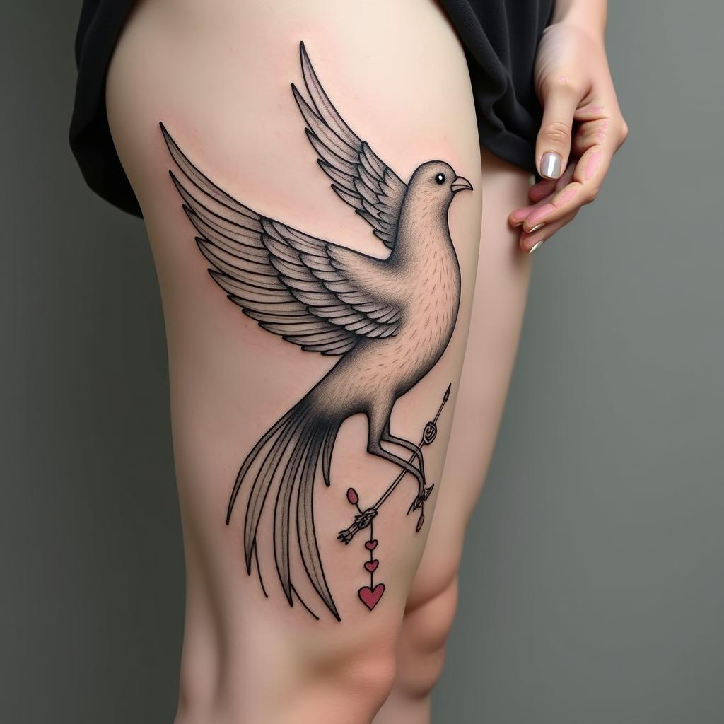 Phoenix sideways with an arrow in its beak and adorned tail.in Modest style tattoo, featuring soft, delicate line work with simple and meaningful symbols, gentle waves, a heart, evoking a sense of serenity and grace, - Variation 2