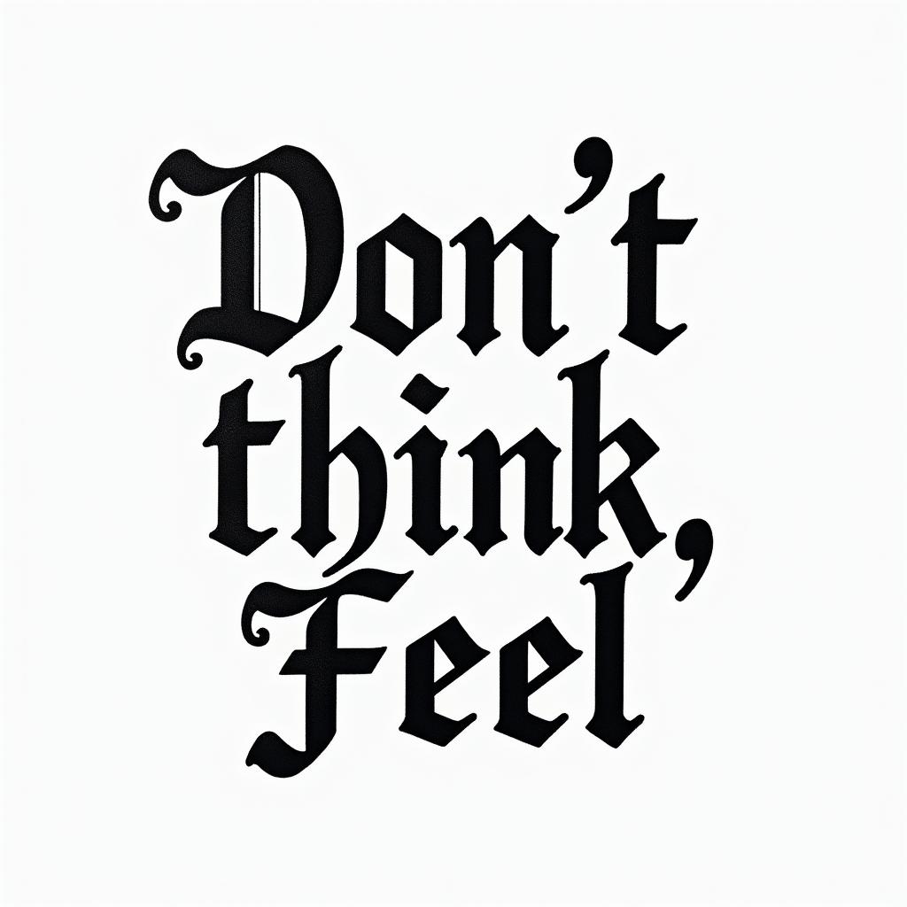 Don,t Think,Feeltext-based tattoo, gothic font ultra-realistic, perfectly placed, high-quality font design, photo-realistic shading, 8k, high quality, finely detailed typography