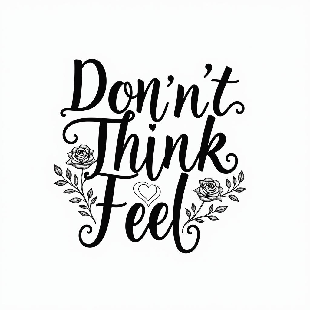 Don,t Think,Feelin elegant cursive calligraphy style 2d tattoo, decorate with roses, featuring a smooth and flowing handwritten script with slightly thickened strokes for a luxurious and bold appearance,  heart symbol between names,  sleek and glossy black text with shadowing, minimalist matte white background, clean and sharp edges, illuminated with soft lighting, romantic, 8k, high-quality textures with refined typography - Variation 11