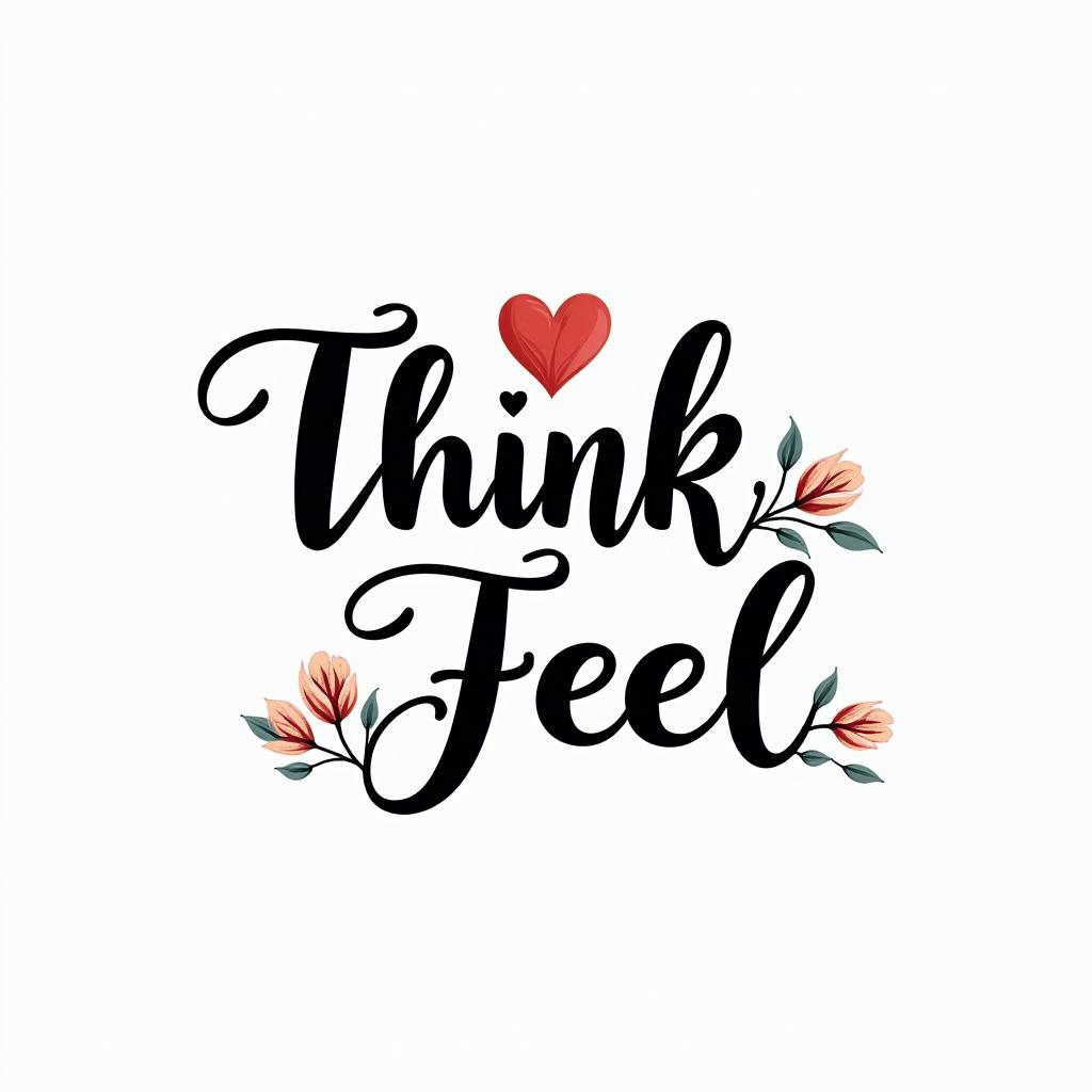 Don,t Think,Feelin elegant cursive calligraphy style 2d tattoo, decorate with roses, featuring a smooth and flowing handwritten script with slightly thickened strokes for a luxurious and bold appearance,  heart symbol between names,  sleek and glossy black text with shadowing, minimalist matte white background, clean and sharp edges, illuminated with soft lighting, romantic, 8k, high-quality textures with refined typography - Variation 6