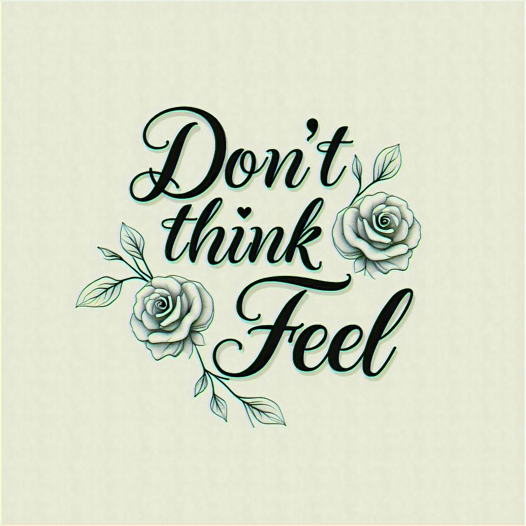 Don,t Think,Feelin elegant cursive calligraphy style 2d tattoo, decorate with roses, featuring a smooth and flowing handwritten script with slightly thickened strokes for a luxurious and bold appearance,  heart symbol between names,  sleek and glossy black text with shadowing, minimalist matte white background, clean and sharp edges, illuminated with soft lighting, romantic, 8k, high-quality textures with refined typography - Variation 8