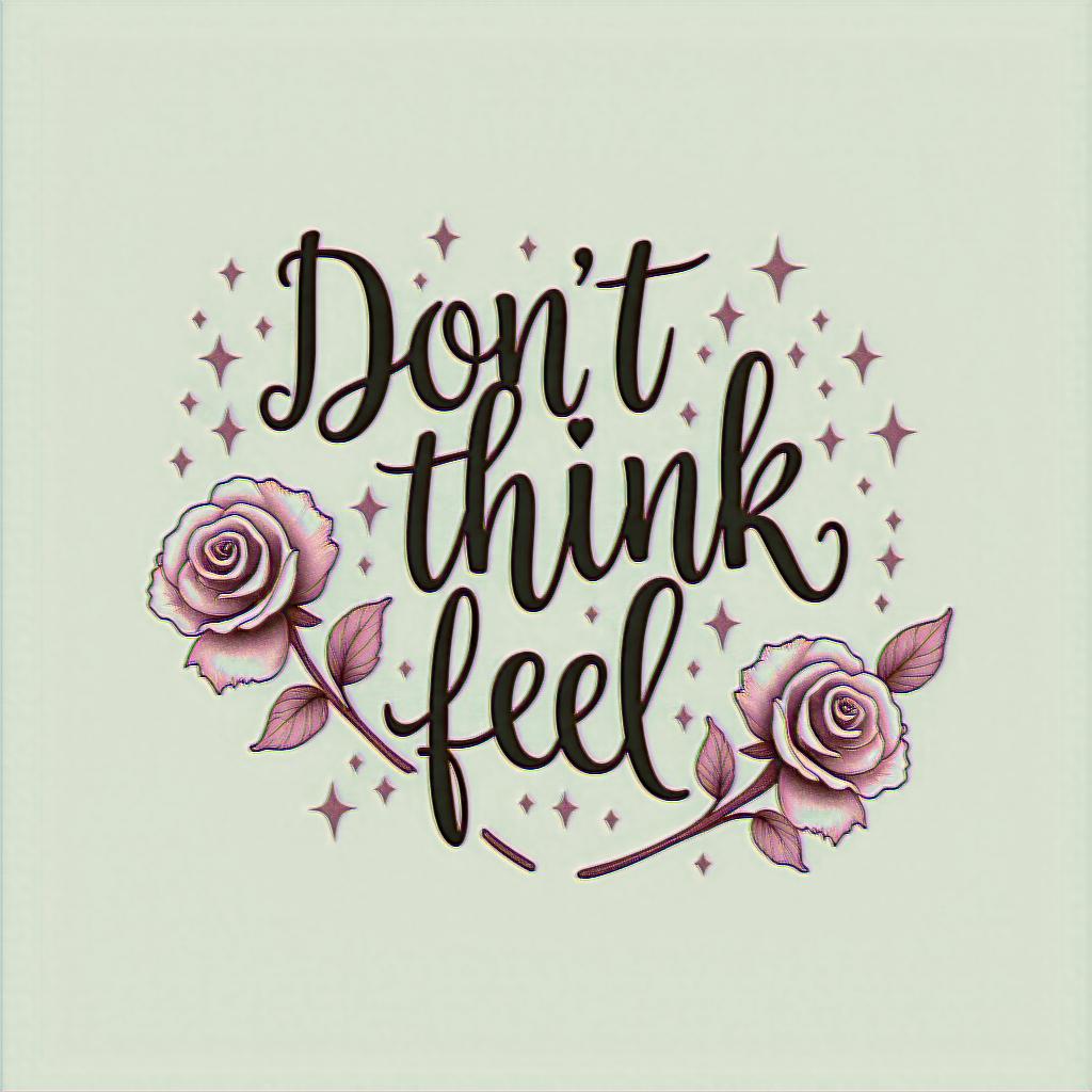 Don,t Think,Feelin elegant cursive calligraphy style 2d tattoo, decorate with roses, featuring a smooth and flowing handwritten script with slightly thickened strokes for a luxurious and bold appearance,  heart symbol between names,  sleek and glossy black text with shadowing, minimalist matte white background, clean and sharp edges, illuminated with soft lighting, romantic, 8k, high-quality textures with refined typography - Variation 5