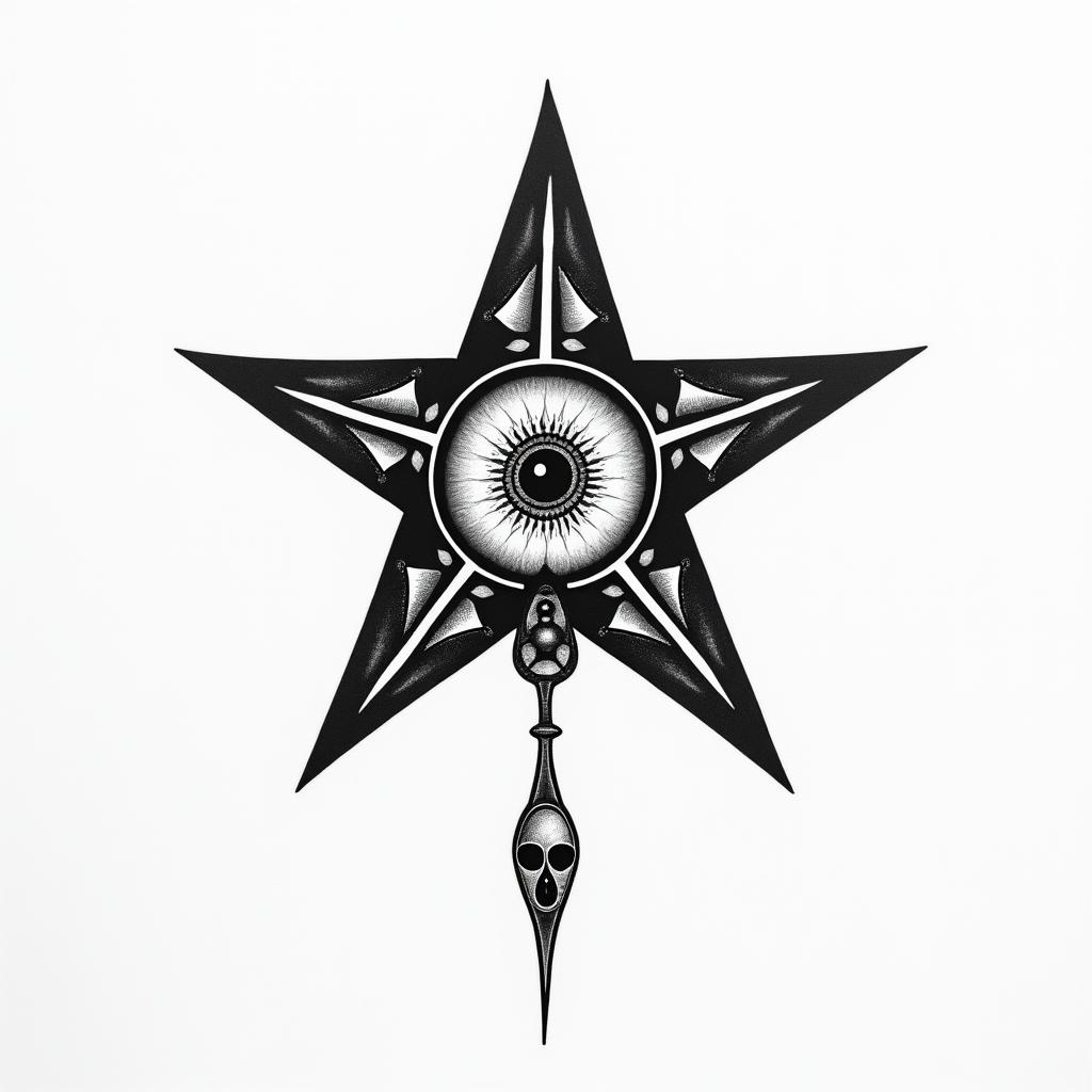 Chaos starin spiritual symbols tattoo style, featuring an intricate design incorporating elements, Hamsa hand, third eye, minimalist composition