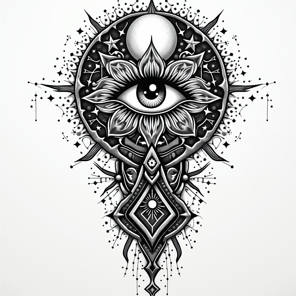 Black culture mural wall name Ricoin prophecy tattoo style, featuring mystical symbols, celestial imagery like stars, moons, suns, geometric patterns, foretelling elements, an eye of wisdom - Variation 4