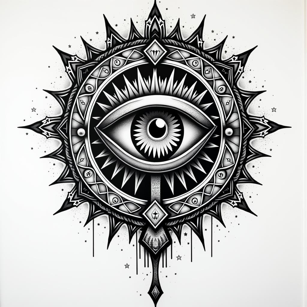 Black culture mural wall name Ricoin prophecy tattoo style, featuring mystical symbols, celestial imagery like stars, moons, suns, geometric patterns, foretelling elements, an eye of wisdom