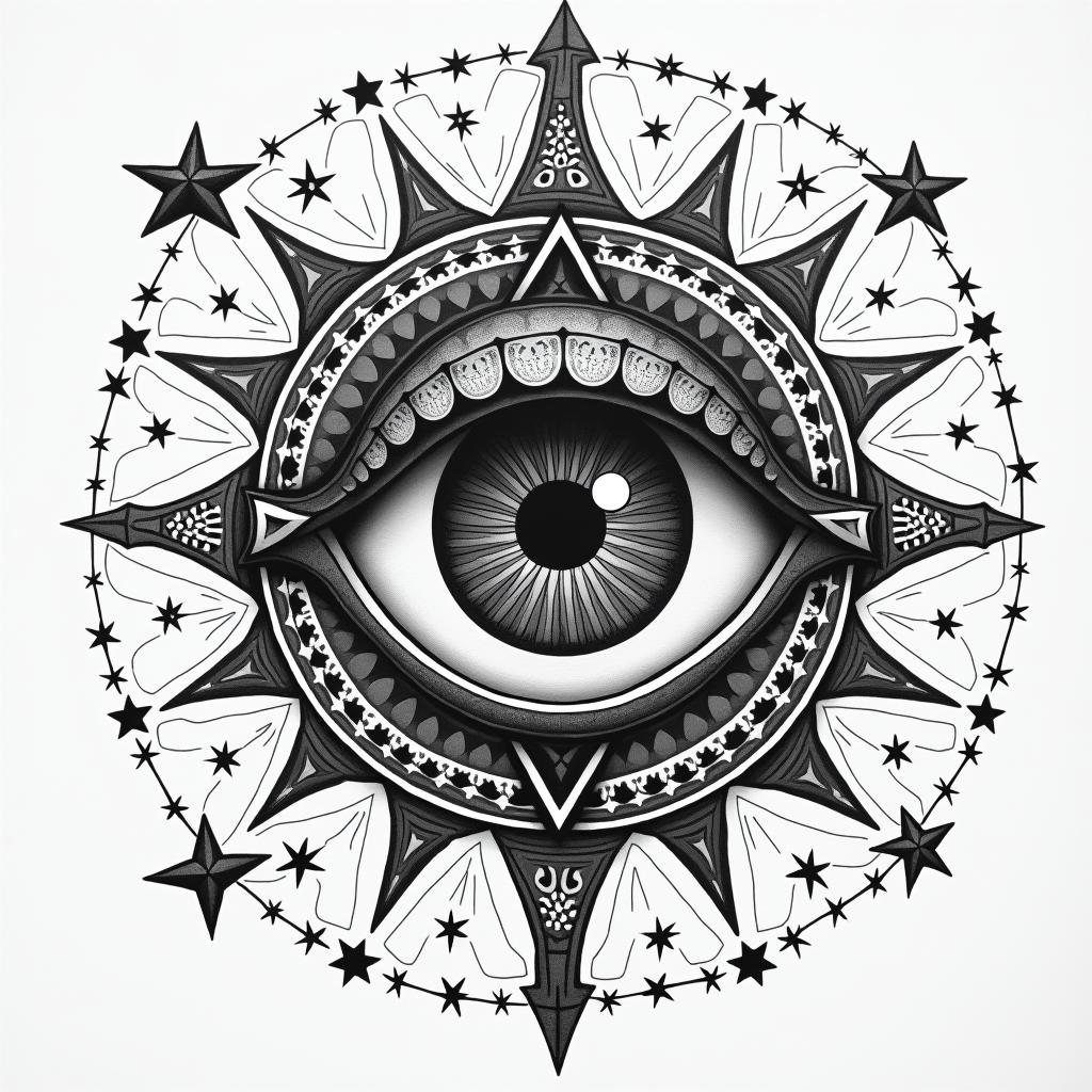 Black culture mural wall name Ricoin prophecy tattoo style, featuring mystical symbols, celestial imagery like stars, moons, suns, geometric patterns, foretelling elements, an eye of wisdom - Variation 3