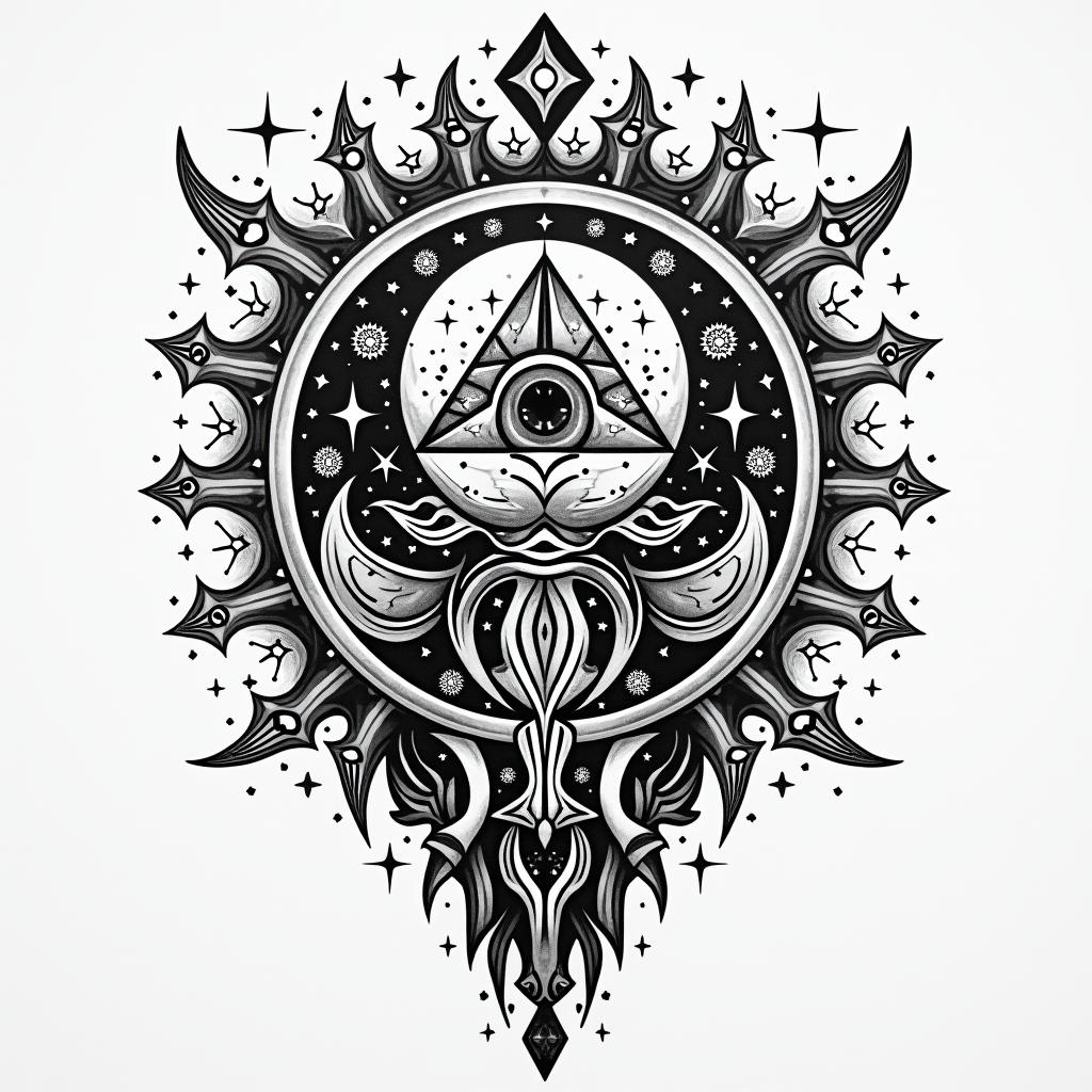 Black culture mural wall name Ricoin prophecy tattoo style, featuring mystical symbols, celestial imagery like stars, moons, suns, geometric patterns, foretelling elements, an eye of wisdom - Variation 2