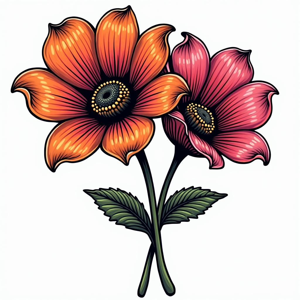 Two flowersin pop art style tattoo, featuring bold and vibrant colors, exaggerated outlines, iconic imagery, inspired by comic books and speech bubbles, comic book characters, retro pop culture - Variation 2