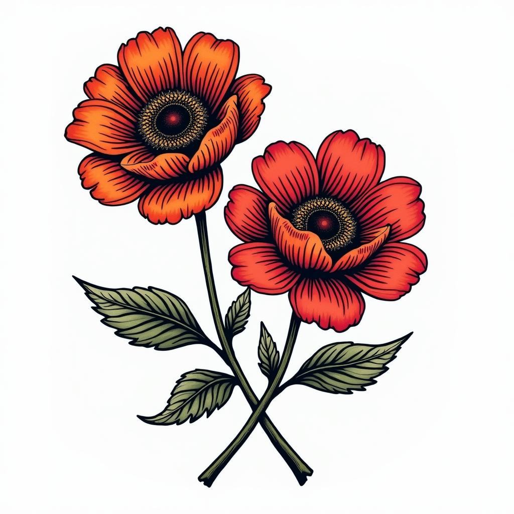 Two flowersin pop art style tattoo, featuring bold and vibrant colors, exaggerated outlines, iconic imagery, inspired by comic books and speech bubbles, comic book characters, retro pop culture