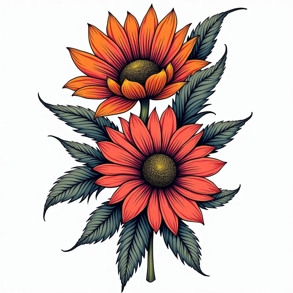 Two flowersin pop art style tattoo, featuring bold and vibrant colors, exaggerated outlines, iconic imagery, inspired by comic books and speech bubbles, comic book characters, retro pop culture - Variation 4