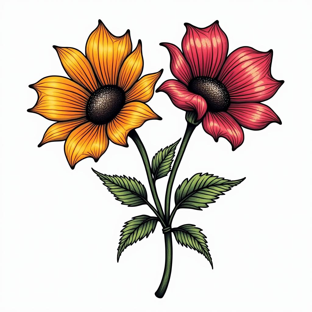 Two flowersin pop art style tattoo, featuring bold and vibrant colors, exaggerated outlines, iconic imagery, inspired by comic books and speech bubbles, comic book characters, retro pop culture - Variation 3