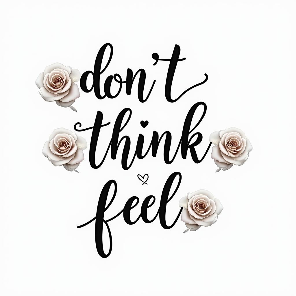 Don,t Think,Feelin elegant cursive calligraphy style 2d tattoo, decorate with roses, featuring a smooth and flowing handwritten script with slightly thickened strokes for a luxurious and bold appearance,  heart symbol between names,  sleek and glossy black text with shadowing, minimalist matte white background, clean and sharp edges, illuminated with soft lighting, romantic, 8k, high-quality textures with refined typography - Variation 2