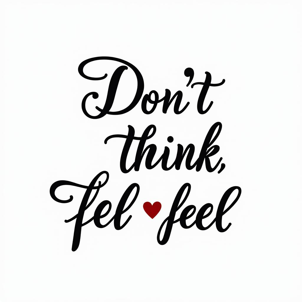 Don,t Think,Feelin elegant cursive calligraphy style 2d tattoo, decorate with roses, featuring a smooth and flowing handwritten script with slightly thickened strokes for a luxurious and bold appearance,  heart symbol between names,  sleek and glossy black text with shadowing, minimalist matte white background, clean and sharp edges, illuminated with soft lighting, romantic, 8k, high-quality textures with refined typography