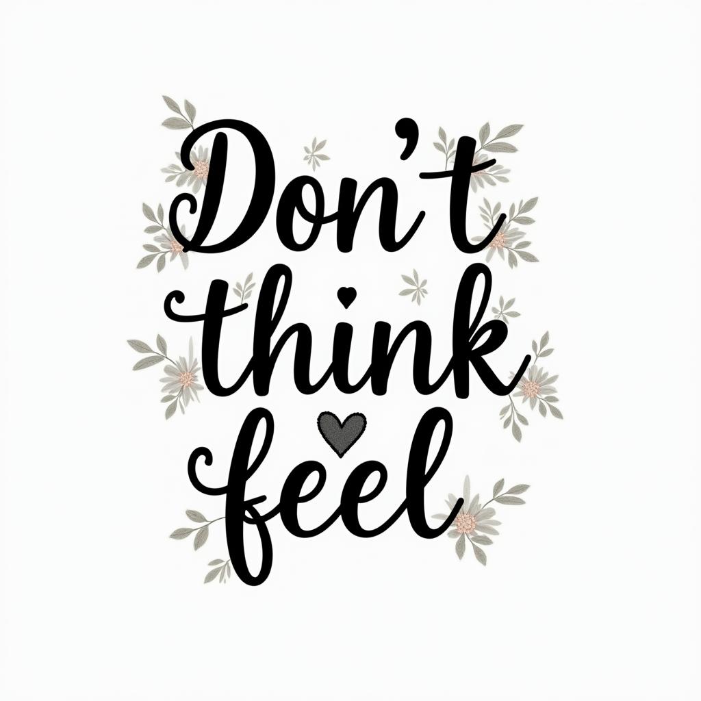 Don,t Think,Feelin elegant cursive calligraphy style 2d tattoo, decorate with roses, featuring a smooth and flowing handwritten script with slightly thickened strokes for a luxurious and bold appearance,  heart symbol between names,  sleek and glossy black text with shadowing, minimalist matte white background, clean and sharp edges, illuminated with soft lighting, romantic, 8k, high-quality textures with refined typography - Variation 3